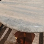 Round Light Stone-Top Sofa Side Table with Rose Gold Pedestal and Hexagonal Metal Base